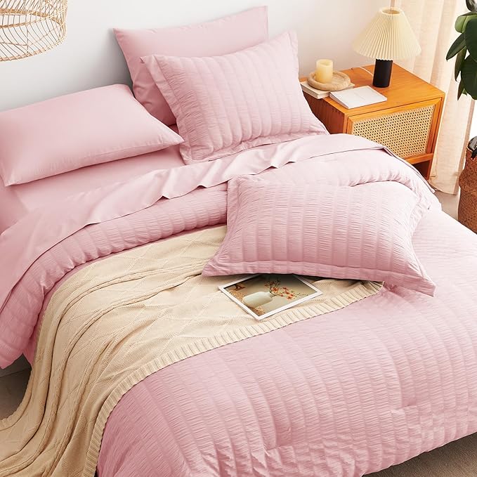 CozyLux Full Size Comforter Sets with Sheets 7 Pieces, Pink Seersucker Bed in a Bag Textured Luxury Soft Bedding Set with Down Alternative Comforter, Sheets, Pillowcases & Shams for All Season