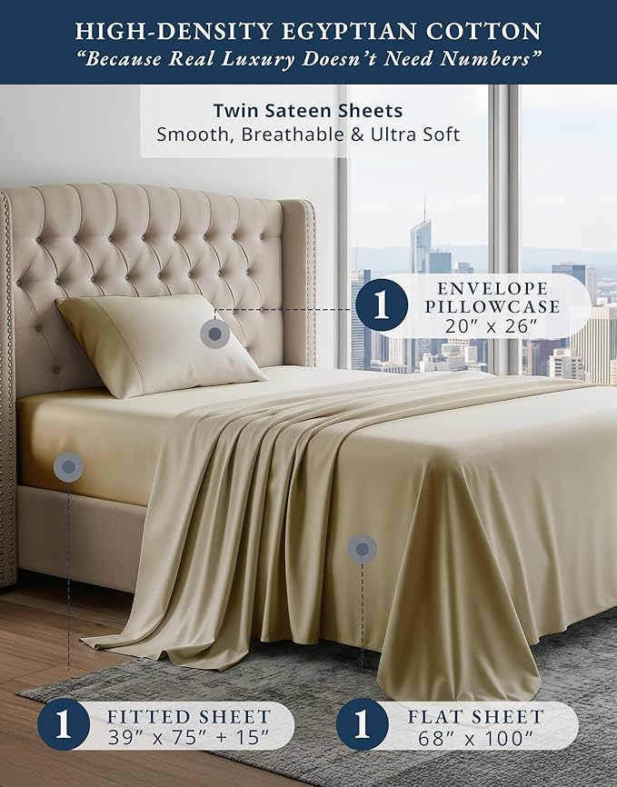 LANE LINEN 100% Egyptian Cotton Bed Sheets Twin Size, 15 inch Extra Deep Pocket Twin Sheets, Naturally Temperature Regulating Cooling NO Pill Fade Resistant Cotton Sheets Twin - Linen