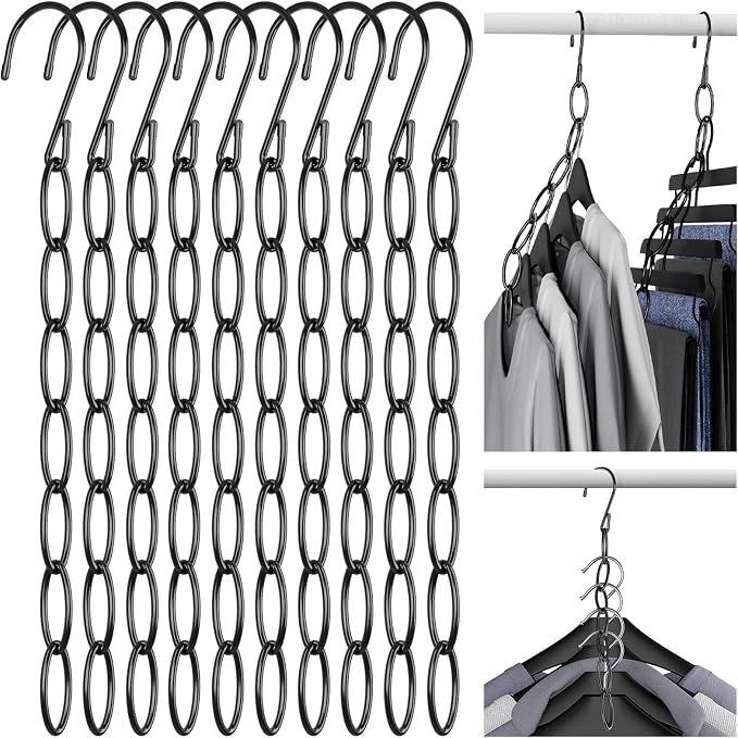 NiHome Clothing Chain Hangers 10-Pack for Home, Office & Travel, Metal Closet Organizer Space Saving Hangers with Safety Cap for All Garment Types, Wrinkle-Reducing 7-Loop Retractable Design (Black) by NiHome