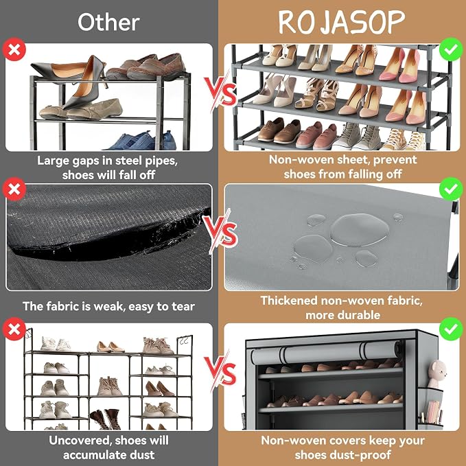ROJASOP Shoe Rack with Covers, Stackable 10 Tier Tall Shoe Shelf Storage 50-55 Pairs Shoes and Boots Large Capacity Vertical Shoe Rack Organizer for Closet Entryway Garage Bedroom, Grey - Image 6