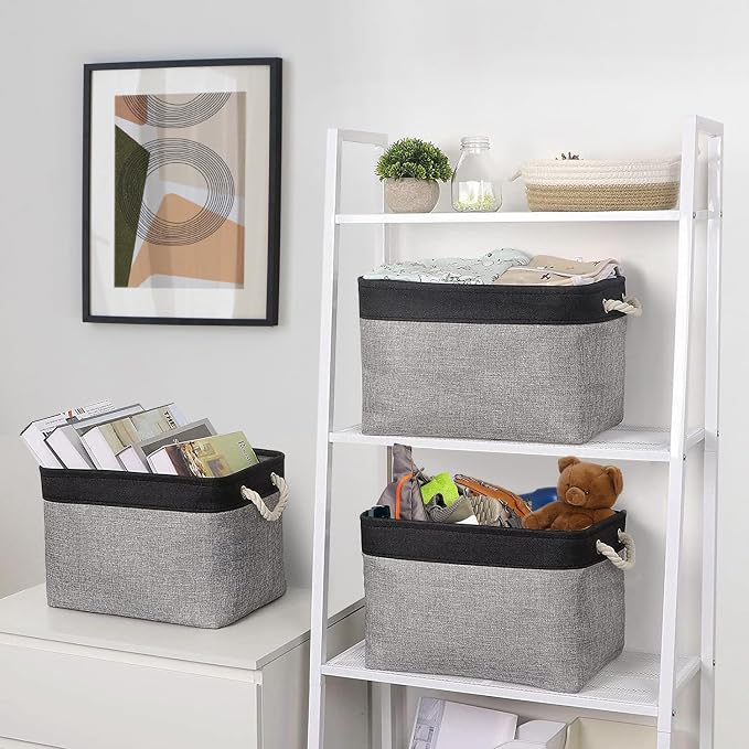 TheWarmHome Storage Basket for Organizing - 16x12x12 inch Cube Storage bin 3 Pack Fabric Storage Cubes, Collapsible Storage Box for Organizer Cloth Gift Toy Closet (Black & Grey) - Image 3