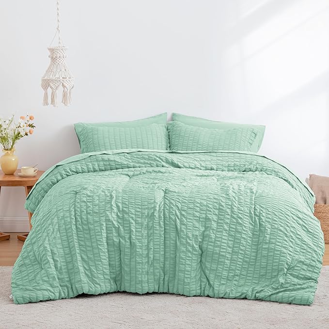 Love's cabin Seersucker Light Green Full Comforter Set, 7-Piece All Season Lightweight Bed in a Bag Bedding Set with Comforter, Flat Sheet, Fitted Sheet, Pillowcases and Shams | Soft, Breathable, Lightweight