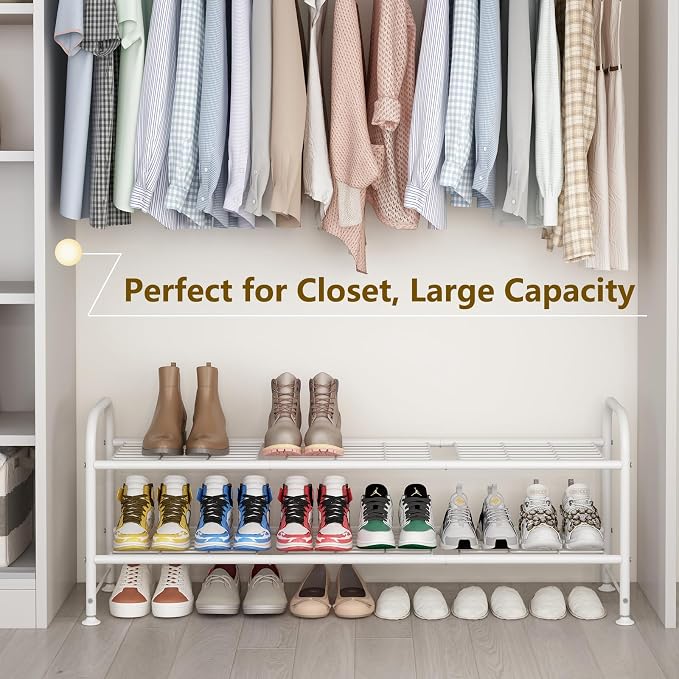 LINZINAR Shoe Rack Long 2 Tier Shoe Storage Organizer Metal Wide Shoe Shelf for Closet Entryway Bedroom 18 Paris Large Capacity, White - Image 2