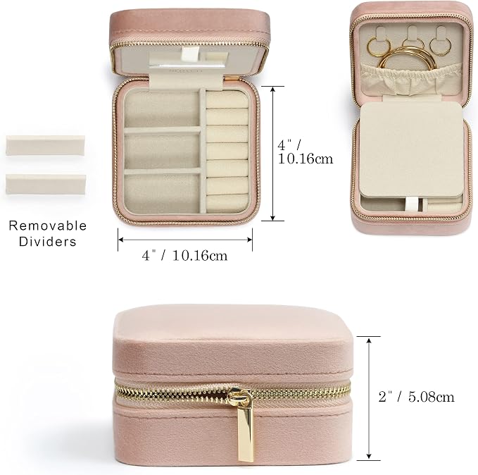 BLUTETE Travel Jewelry Box Organizer Velvet Travel Case With Mirror Ring Earrings Necklaces Storage Organizer Box (Blush) - Image 2
