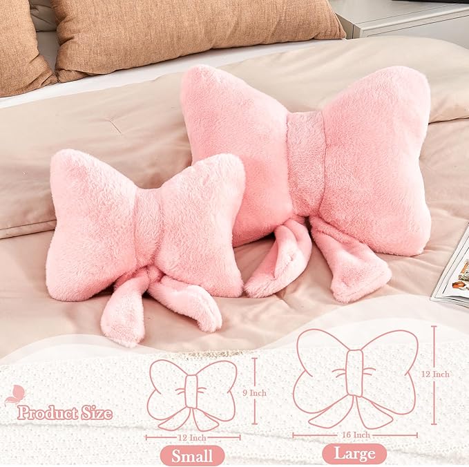XVTRU Pink Bow Pillow, Soft Bow Decorative Pillows with Faux Rabbit Fur, Cute 16" Bow Throw Pillows, Aesthetic Home Decor Bow Shaped Plush Pillow for Bedroom Sofa Couch