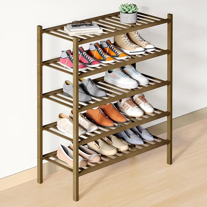 Smiry Bamboo Shoe Rack for Closet, 5 Tier Wooden Stackable Shoe Organizer, Free Standing Shoes Storage Shelf for Entryway, Front Door Entrance, Walnut by Smiry