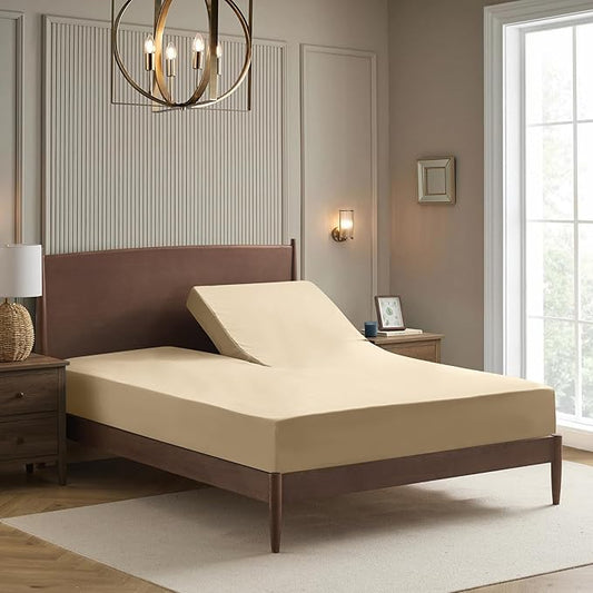Split Head King Sheets Set for Adjustable Beds 4 Piece Flex Top Bed Sheets – Deep Pocket Split Top Fitted Sheet with Built-in Corner Straps, Luxury Soft Cooling Bedding, Wrinkle Resistant, Beige