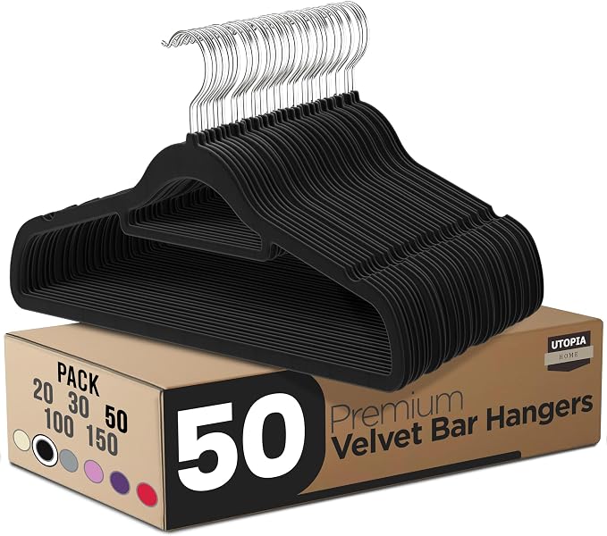 Utopia Home Premium Velvet Hangers 50 Pack - Non-Slip Clothes Hanger with Tie Bar - Black Hangers with 360 Degree Rotatable Hook - Heavy Duty Coat Hanger by UTOPIAHOME
