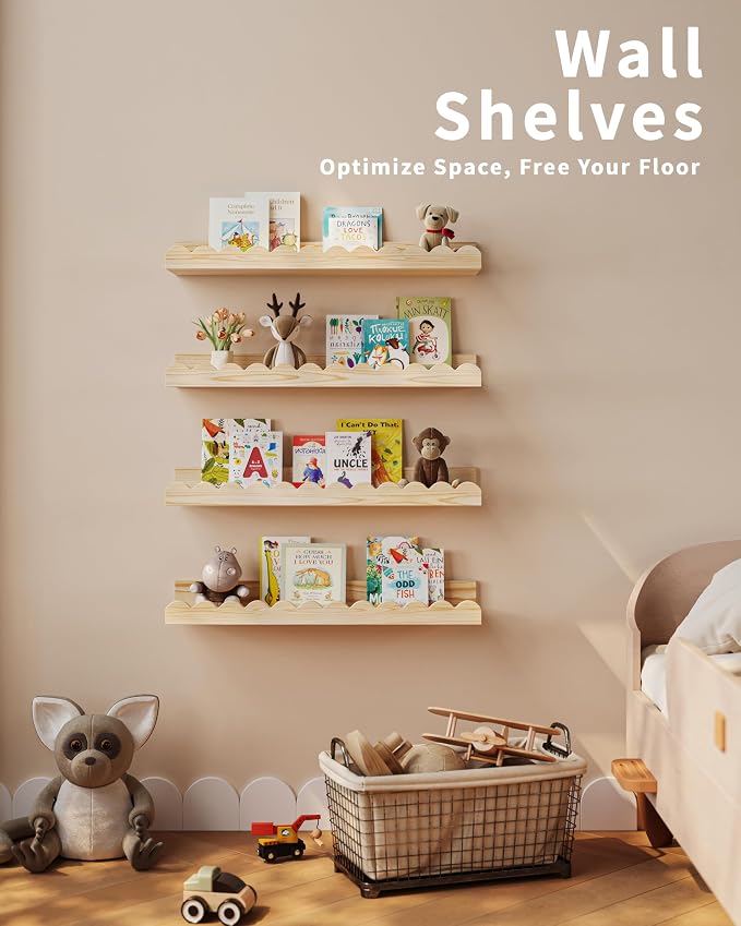 Shario Nursery Book Shelves, 4-Pack Wood Floating Shelves for Wall Kids, Scalloped Shelves, Wall Book Shelves for Bedroom Kids, Toddler Room, Baby Room, Nursery Decor(Wood, 16.5 Inches) - Image 4