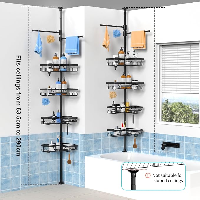 KEGII Black Shower Caddy Tension Pole with 2 Towel Bars, Adjustable Corner Bathroom Organizer, Rustproof Bathtub Storage Shelves for Shampoo, 25–114.2 Inch Shower Corner Rack for Renters & Family - Image 7