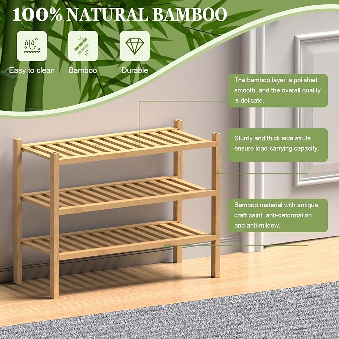 ROMGUAR CRAFT (Thick Bamboo Shoe Rack for Entryway, 3-Tier Free Standing Shoe Racks Stackable Shoe Rack Organizer for Hallway Closet Living Room 27 x12 x21 Inches - Image 6