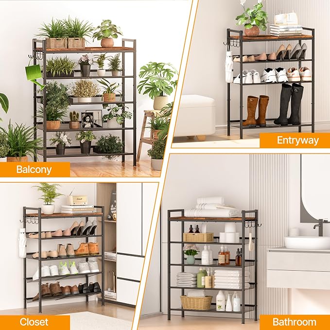 4 Tier Shoe Rack, Shoe Rack for Entryway with Hook, Shoe Organizer with Adjustable Mesh Shelves, Metal Shoe Storage, Closet, Bedroom Living Room Garage - Image 7
