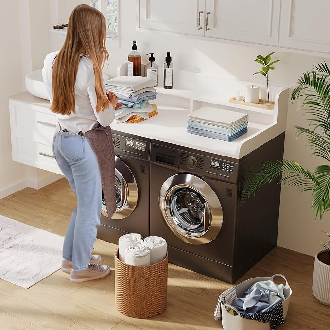 2-Tier Washer Dryer Countertop with 2.75"H Edge Rails, 54" W x 27.55" D Laundry Countertop for Folding Clothes, Washer and Dryer Topper with Non-Slip Pad (White) - Image 3