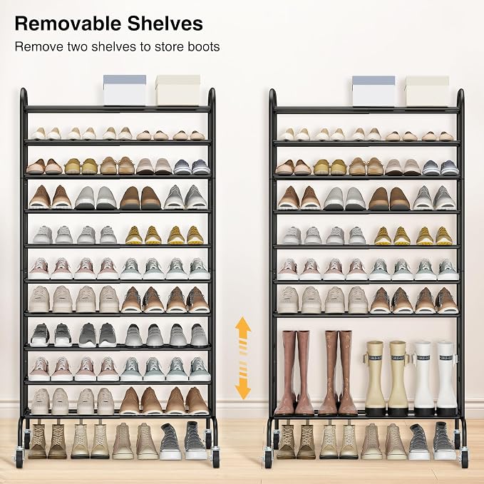 STO STO Expandable Shoe Rack, 10-Tier Metal Tall Shoe Rack for Garage, Up to 44 Pairs Adjustable Shoe Rack Storage for Front Door Entrance, Free Standing Shoe Rack Organizer for Entryway, Black - Image 5