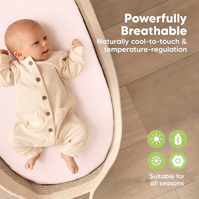2-Pack Baby Bassinet Sheets Girl, Boy - 33x17 Viscose Derived from Bamboo Bedside Mattress Fitted Bassinet Sheets, Compatible with Halo Bassinest Swivel Sleeper, Baby Delight, Graco (Mist Rose)
