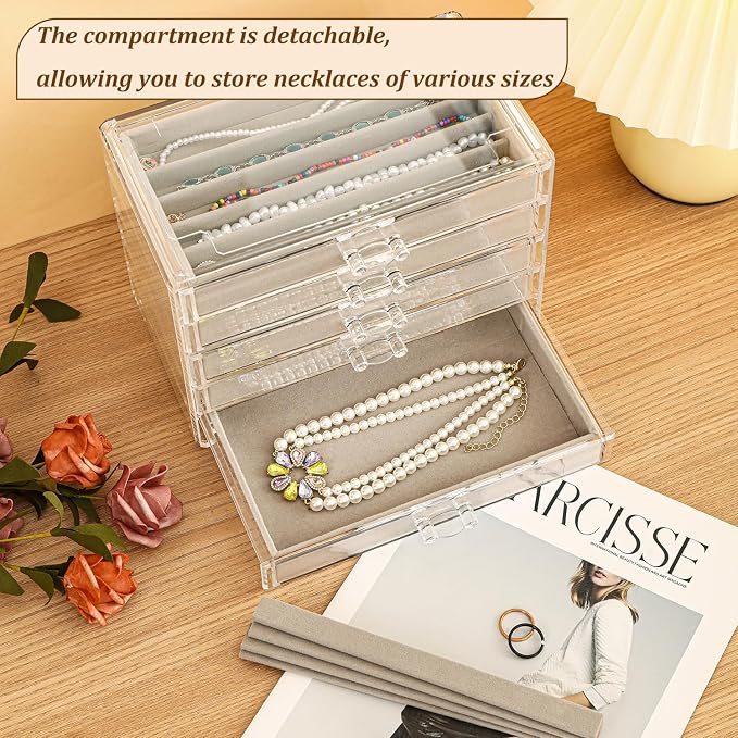 5 Drawerss Necklace Organizer Box, Tray with Clear Lid, Dustproof Velvet Necklaces Holder Storage Display Case, Gery Necklace Tray Drawer Insert for Pendant Suitable for Women and Girls (25 grids) - Image 5