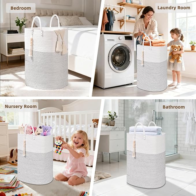 Woven Laundry Basket for Clothes, 100 L Large Rectangle Laundry Hampers with Beads Tassel, Nursery Storage Basket for Toys, Tall Dirty Clothes Hamper for Bedroom Aesthetic, Laundry Room Organization - Image 5