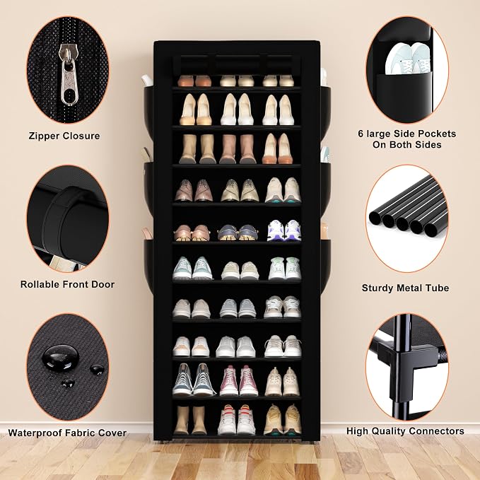 OYREL Large Shoe Rack, Black, 6 Side Pockets, 23.6" Wide x 11.4" Deep x 68.9" Tall, 36-41 Pairs of Shoes - Image 8