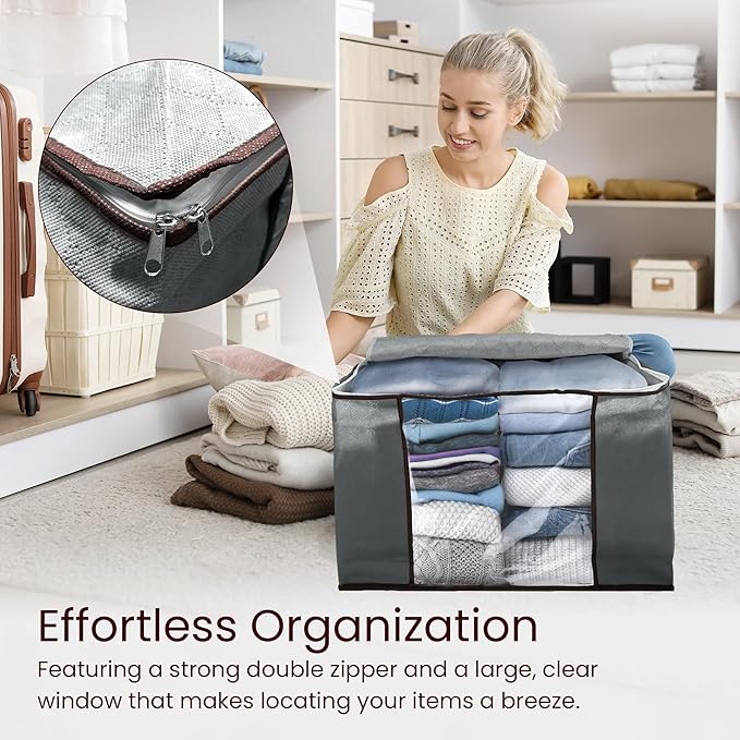 Reli. 90L Large Clothes Storage Bags (6 Pack) Closet Organizers and Storage Containers | Foldable Bins with Lids & Handles | Large Bags for Towels, Comforters, Blankets | Grey