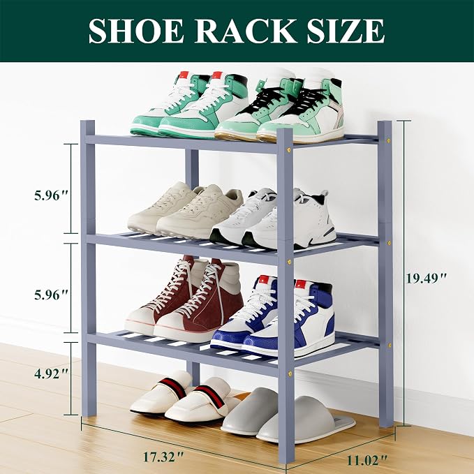 Smiry Shoe Rack, 3 Tier Small Bamboo Shoe Organizer, Stackable Free Standing Wooden Shoe Storage Shelf for Closet, Entryway, Front Door Entrance, Grey - Image 2
