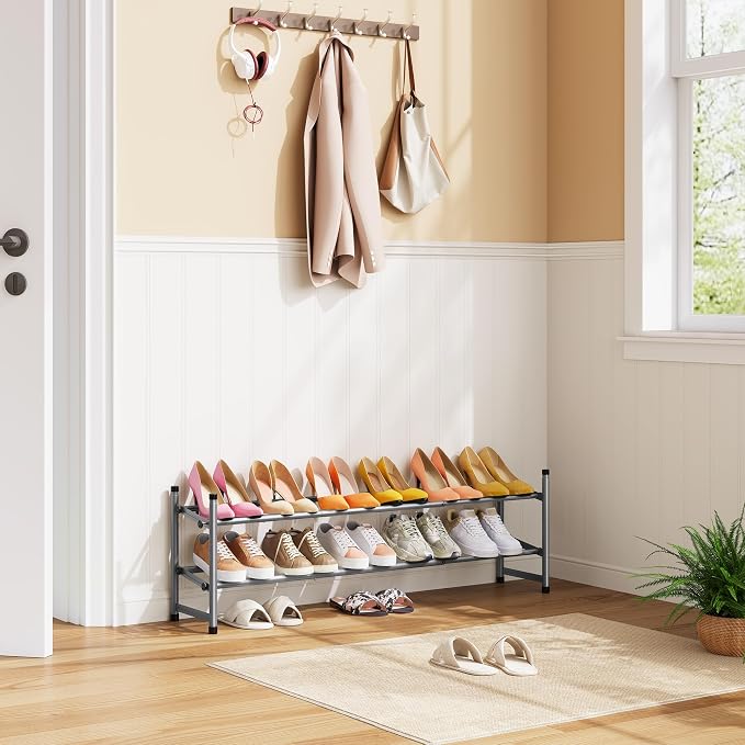 Tajsoon 2 Tier Expandable Shoe Rack for Closet, 28“-41“Adjustable & Stackable Shoe Shelf Storage, Metal Shoe Rack Organizer for Front Door Entrance, Closet, Garage, Entryway, Grey - Image 2