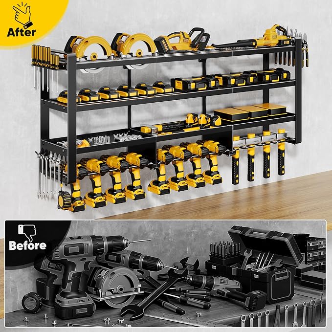 POKIPO 49" W Large Power Tool Organizer Wall Mount, 4 Layer Heavy Duty Loads 800 lbs, Tool Storage Rack Holds 12 Cordless Drills, Large Capacity Battery Holder for Garage, Gift for Men - Image 5