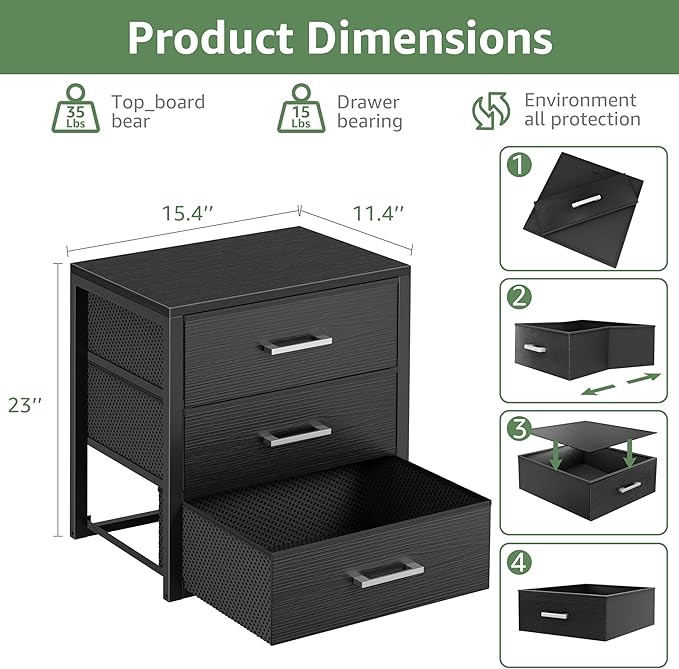 BOLUO Closet Drawers Black Fabric 3 Drawer Small Dresser for Closet Organizers and Storage Bedroom Dorm Modern - Image 2