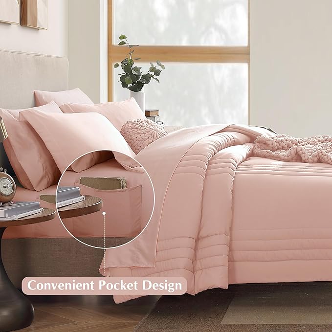 Monbix Queen Comforter Set - 7 Pieces Light Pink Bed in a Bag Queen Bedding Sets with Comforters, All Seasons Comforter Bed Set with Sheets, Pillowcases & Shams