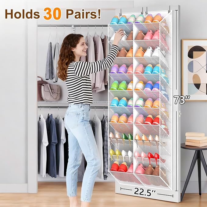 UVIAHOMI 20-30 Pairs Over the Door Shoe Organizer, Breathable Pocket Hanging Shoe Storage for Closet, 10-Tier Door Shoes Rack, Handing Shoes Holder Fit All the Family's Sneakers, Boots, Heels, White - Image 4