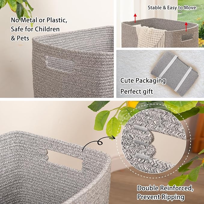 OIAHOMY Laundry Hamper, Laundry Basket，Rectangle Cotton Storage Basket with Handles, Large Blanket Basket for Living room, Woven Decorative Storage for Toys,Clothes,Pillows-16x13x22in-Grey variegated - Image 4