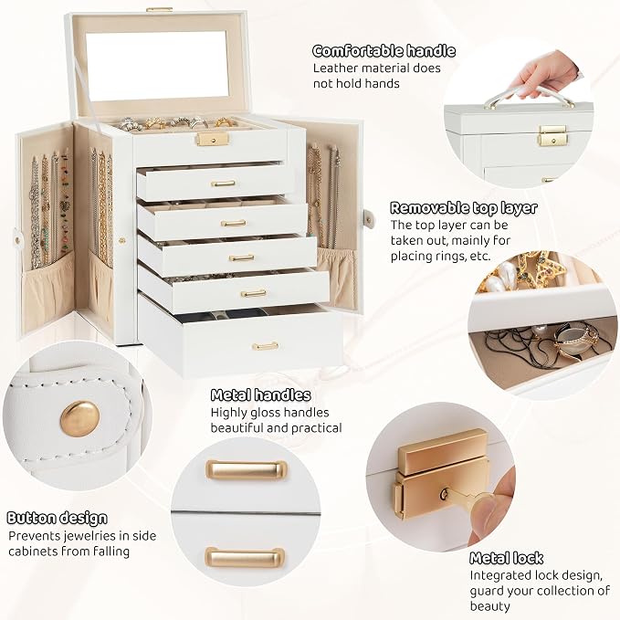 AKOZLIN Large 6-Tier Jewelry Box Lockable Leather Jewelry Storage Case with 5 Drawers for Women Girls Ring Necklace Earring Bracelet Holder Organizer with Mirror - Image 5