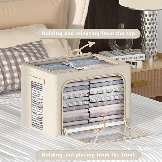 CYhom 3Pack Frame Storage Box - Clothes Storage Bin Bags Oxford Fabric Foldable Stackable Container Organizer Set with Clear Window & Carry Handles Large Capacity (Beige, Large-66L) - Image 2