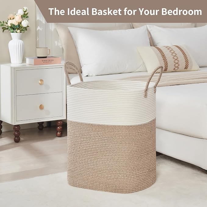 AINUOQI Laundry Basket with Handles - Blanket Basket & Hampers for Bedroom Aesthetic, Laundry Hamper & Blanket Storage for Living Room, Clothes Hamper, Tall, Large 17" x 14" x 26”, White & Rice Brown - Image 6