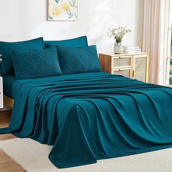 Andency Oversized Queen Comforter Set 7 Piece Teal - Bed in a Bag Oversized Queen Boho Lightweight Fluffy Tufted Bedding Sets with Comforter, Sheets, Pillowcases & Shams