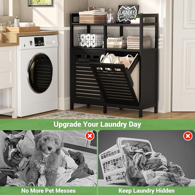 Homykic Tilt Out Laundry Hamper Cabinet, Bamboo Double Laundry Hamper with 2 Removable Laundry Baskets, 20 Gal Laundry Sorter Organizer with Shelf for Dirty Clothes, Bathroom, Laundry Room, Black - Image 5