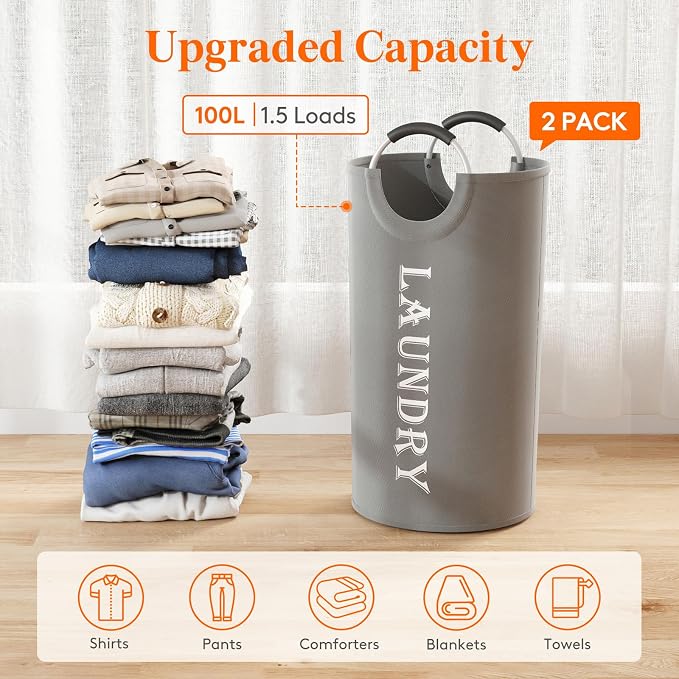 Lifewit 100L 2-Pack Large Laundry Basket, Collapsible Laundry Hamper with Aluminum Handles, Waterproof Freestanding Dirty Clothes Hampers for Laundry Room Bedroom Dorm Bathroom, Silver Grey - Image 4