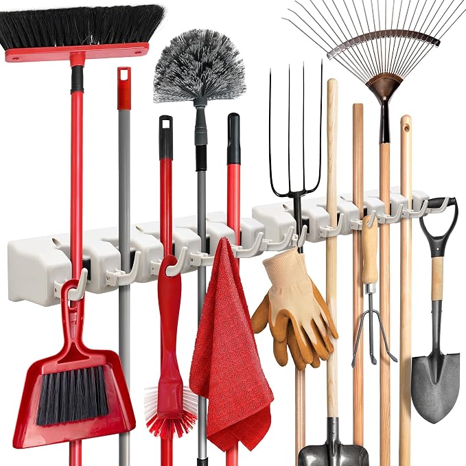Mop and Broom Holder Wall Mount 2 Pack - Garage Storage Organizer with 5 Slots, 6 Hooks, 7.5lbs Capacity Per Slot - Home, Kitchen, Closet, Laundry Room Organization – Off-White Broom Hanger by HOMEIT