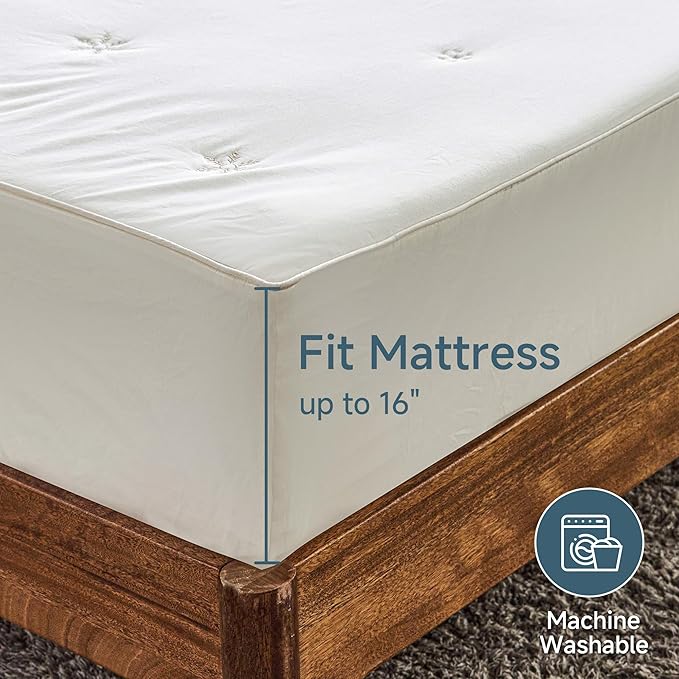 Simple&Opulence Full Size Mattress Pad Protector, 100% Cotton Top Cooling Breathable Quilted Mattress Cover Fitted Sheet Stretches up to 16 Inches Deep Pocket Non Slip Soft Bed Pad Topper-Cream Khaki