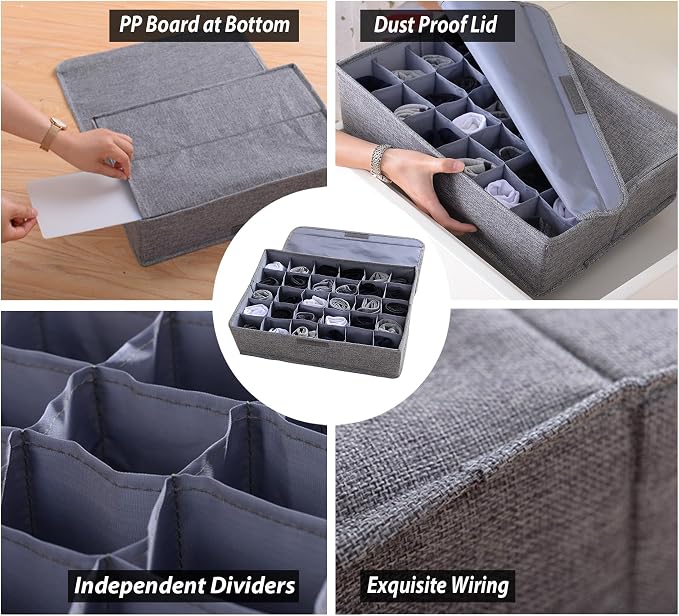 AARAINBOW 4 Packs Underwear Socks Ties Storage Organizer with Lids Foldable Closet Drawer Organizer 120 Cells, Fabric Wardrobe Divider Storage Boxes for Scarves and Lingerie (30 Cell, 4 Gray) - Image 6