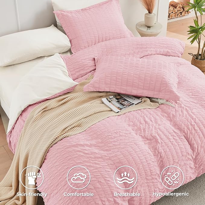 HYMOKEGE Pink/Ivory Queen Comforter Set Seersucker 7 Pieces, All Season Luxury Bed in a Bag Queen for Bedroom, Bedding Set with Comforter, Sheets, Pillowcases & Shams