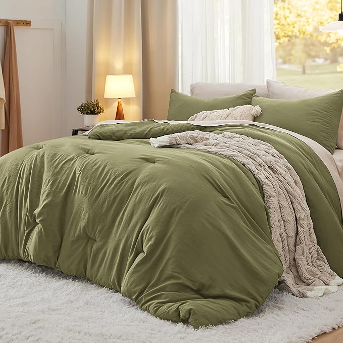 Bedsure King Comforter Set, Olive Green Soft Prewashed Bedding for All Seasons, 3 Pieces GentleSoft™ Bed Set, 1 Lightweight Comforter (104"x90") and 2 Pillowcases (20"x36")