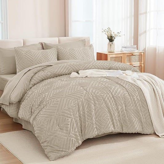 Andency Queen Size Comforter Set 7 Piece Oatmeal - Bed in a Bag Queen Boho Lightweight Fluffy Tufted Bedding Sets with Comforter, Sheets, Pillowcases & Shams