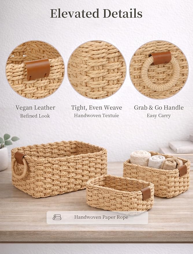 Storage Basket, Recycled Paper Rope Bathroom Basket Organizer, 3Pcs Small Baskets for Organizing, Mini wicker Basket for Decorative Storage Bins, Shelves, Bathroom, Cabinet - Beige - Image 4