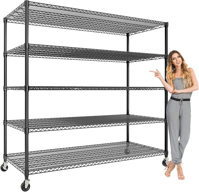 Garvee 5-Tier Metal Shelving with Wheels, Heavy Duty Rolling Storage Shelves 3300LBS Loads, Adjustable Wire Rack Shelving Unit for Garage Kitchen Pantry Commerial, 82" H x 59" W x 23.6" D, Black ﻿ ﻿ by Garvee