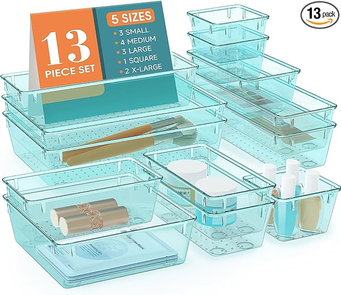 StorMiracle 13 PCS Drawer Organizer Set, 5 Varied Size Bathroom and kitchen Drawer cabinet organizer Trays, Clear Storage Bins for Makeup, Jewelry, Utensils and Gadgets by StorMiracle