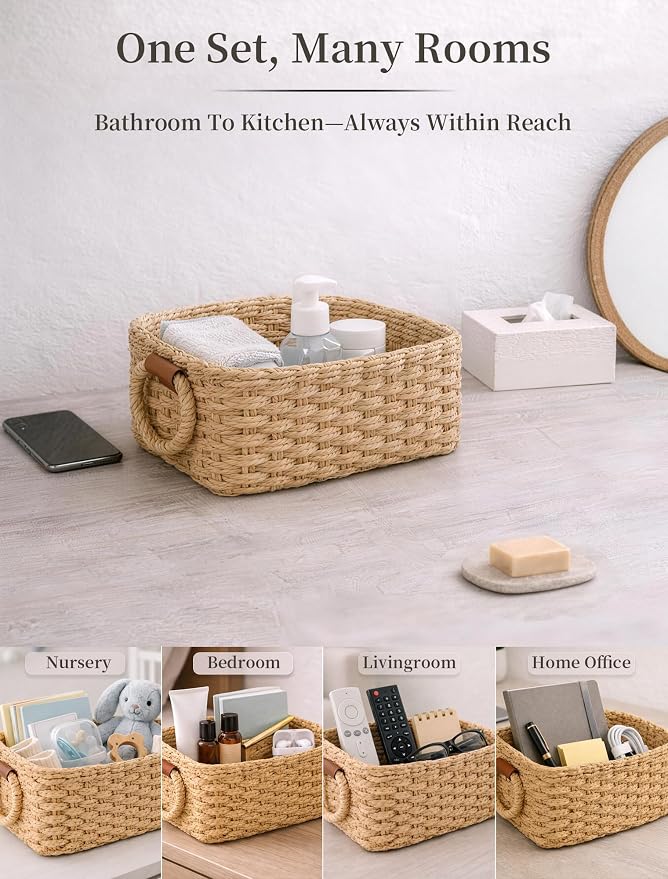 Storage Basket, Recycled Paper Rope Basket Organizer, 3Pcs Small Baskets for Organizing, Mini wicker Basket for Decorative Storage Bins, Shelves, Cabinet - Brown - Image 6