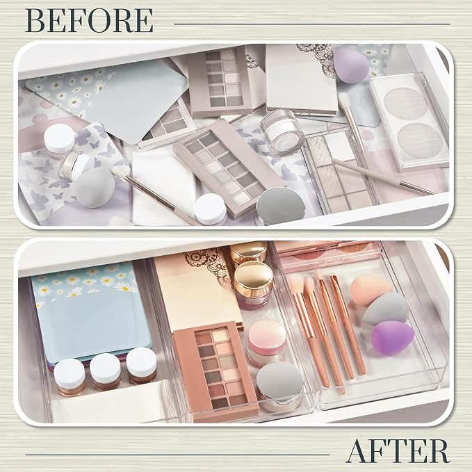 STORi SimpleSort 3-Piece Stackable Clear Drawer Organizer Set | 12" x 6" x 2" Rectangle Trays | Wide Makeup Vanity Storage Bins and Office Desk Drawer Dividers | Made in USA - Image 6