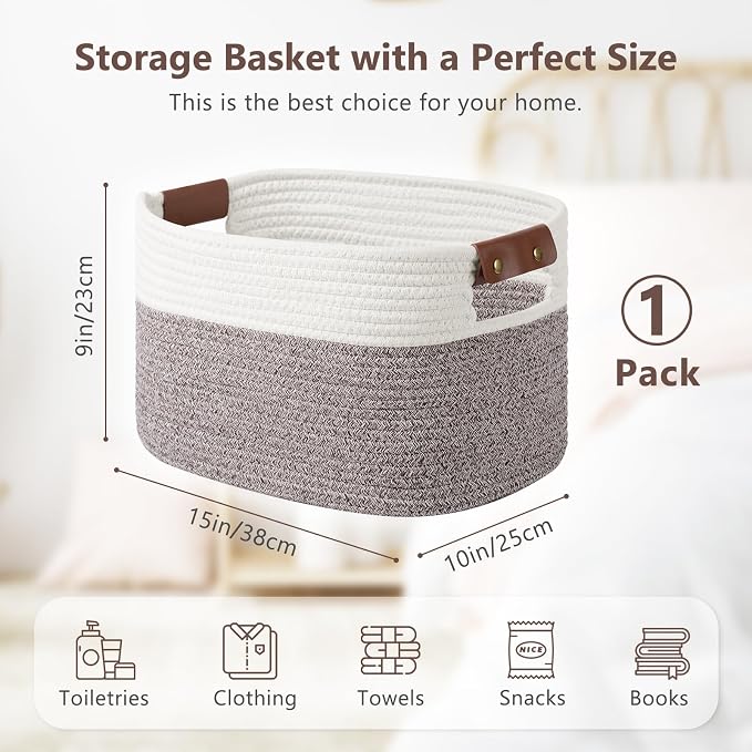 ECDYQXVU Cotton Rope Basket, Storage Baskets with Handle, 15x10x9 Inch Woven Basket for Shelves, Laundry, Towels, Clothes, Books (White Brown 1 Pack) - Image 3