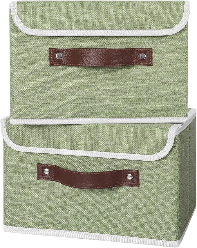 ANMINY 4PCS Storage Bins with Lid PU Leather Handles Storage Boxes PP Plastic Board Decorative Foldable Lidded Cotton Linen Fabric Home Cubes Baskets Closet Organizer Containers - Green, Small Size - Image 5