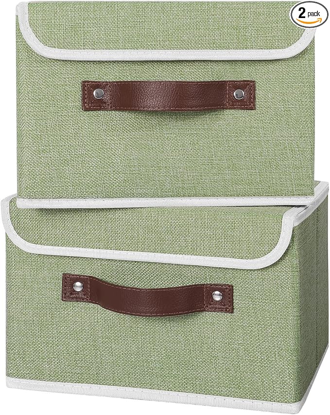 ANMINY 2PCS Storage Bins with Lid PU Leather Handles Storage Boxes PP Plastic Board Decorative Foldable Lidded Cotton Linen Fabric Home Cubes Baskets Closet Organizer Containers - Green, Small Size by ANMINY